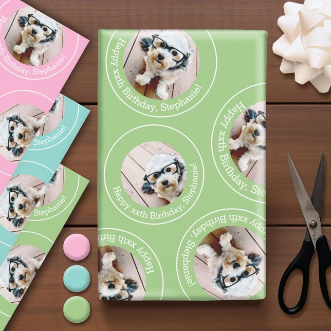 Feuille De Papier Cadeau 3 photo Collage Joyeux Anniversaire Cercles rose b (Custom Photo Wrapping Paper)