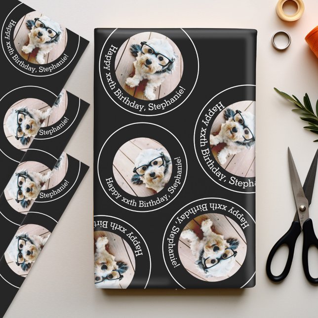 Feuille De Papier Cadeau 3 photo Collage Joyeux Cercles d'anniversaire (Personalized Photo Wrapping Paper)