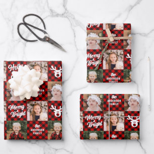Feuille De Papier Cadeau 3 Photo Family Buffalo Plaid White Reinder