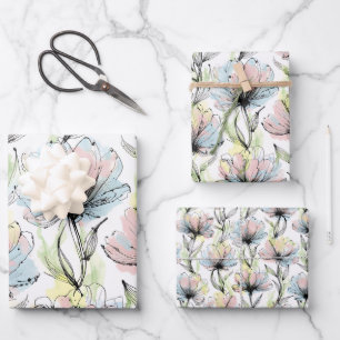 Feuille De Papier Cadeau 3 Tailles Fleurs à l'encre Abstrait avec lavis d'a