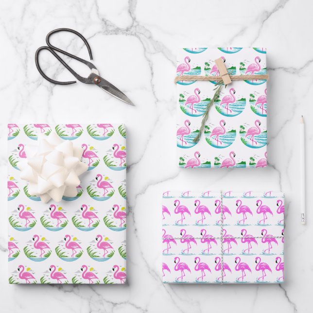 Feuille De Papier Cadeau 3 Tropical Pink Flamingo Patterns (Recto)