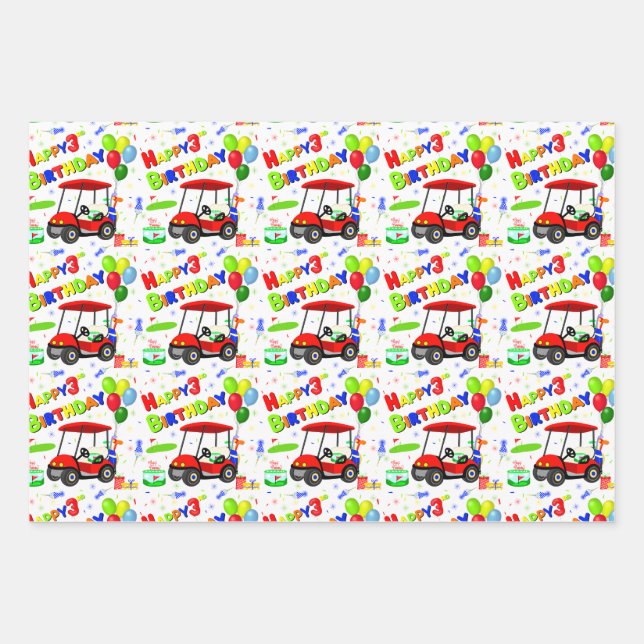 Feuille De Papier Cadeau 3e anniversaire Red Golf Cart Boy's Motif (Devant)