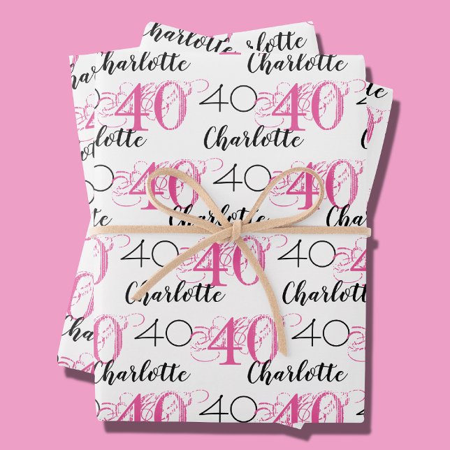 Feuille De Papier Cadeau 40 ans rose 40e anniversaire Nom Enveloppement Pap (in-situ depiction of wrapping paper set)