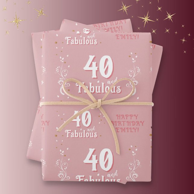 Feuille De Papier Cadeau 40 et Fabulous Foliage rose 40e anniversaire (Créateur téléchargé)