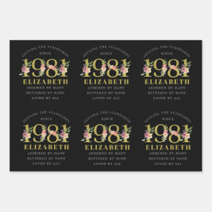 Feuille De Papier Cadeau 40e anniversaire 1981 Black Gold Floral Personnali