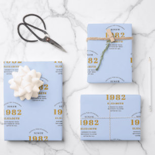 Feuille De Papier Cadeau 40e anniversaire 1982 Elégant Gold Blue Grey