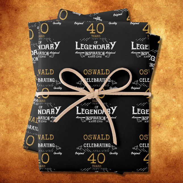 Feuille De Papier Cadeau 40e anniversaire Black Gold Legendary Retro (40th Birthday Black Gold Legendary Retro Wrapping Paper Sheets)