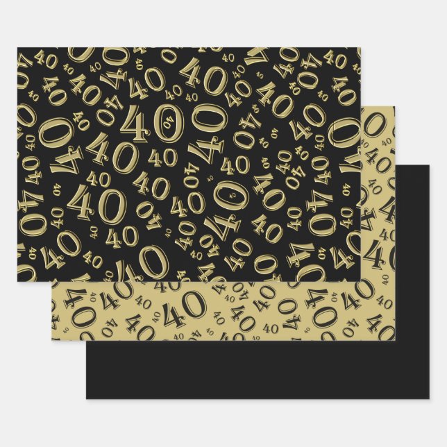 Feuille De Papier Cadeau 40e anniversaire noir/or Random Numéro Motif 40 (Lot)