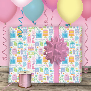 Feuille De Papier Cadeau 40e anniversaire Pastel Pink Cake présente des bal