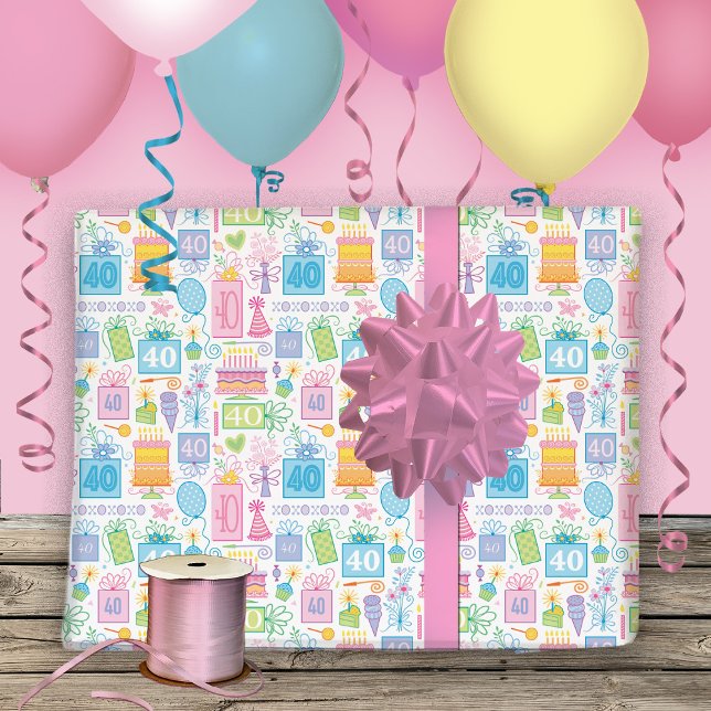 Feuille De Papier Cadeau 40e anniversaire Pastel Pink Cake présente des bal (Créateur téléchargé)