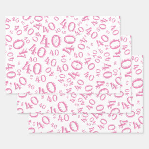 Feuille De Papier Cadeau 40e anniversaire rose et blanc Motif numéro 40