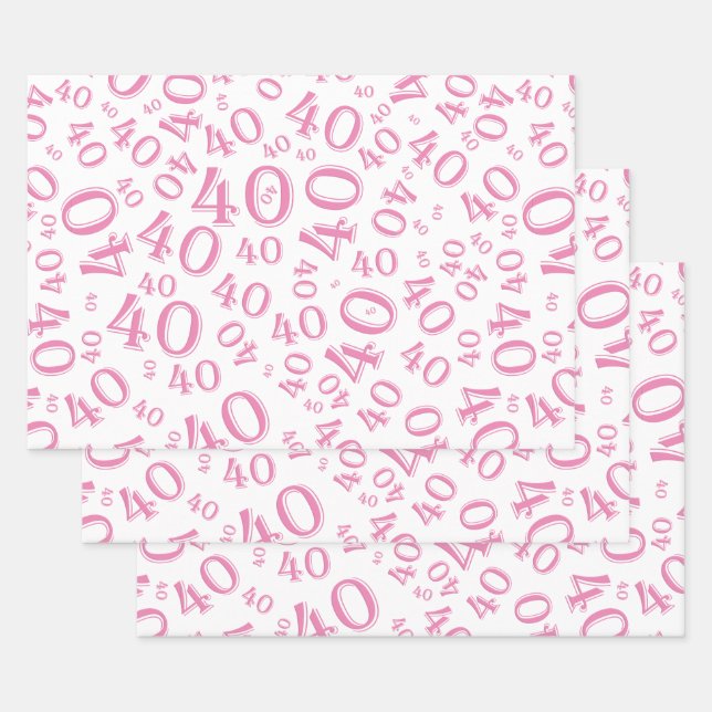 Feuille De Papier Cadeau 40e anniversaire rose et blanc Motif numéro 40 (Lot)