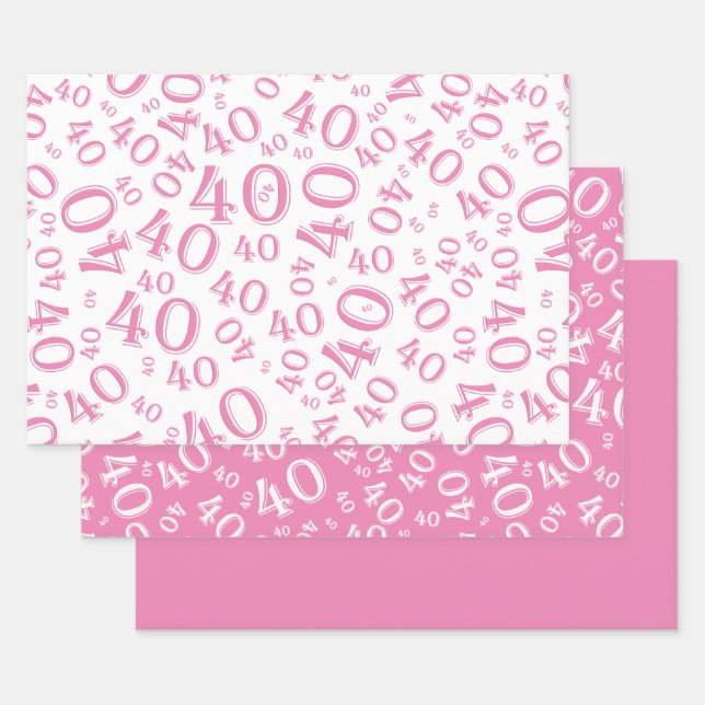 Feuille De Papier Cadeau 40e anniversaire rose et blanc Motif numéro 40 (Lot)