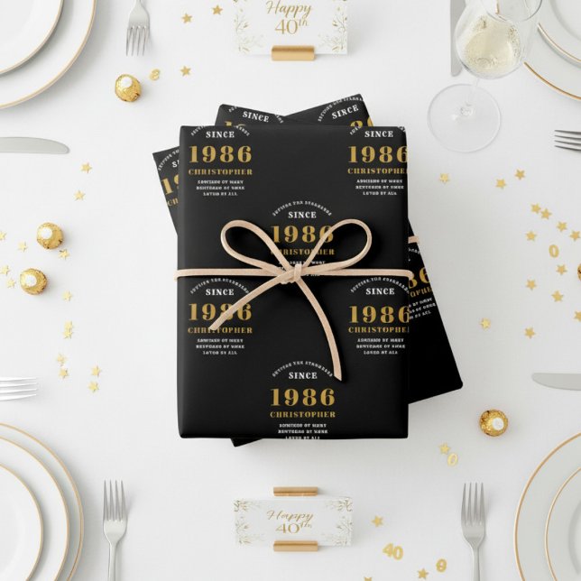 Feuille De Papier Cadeau 40th Birthday born 1986 Add Name Black Gold (1986 wrapping paper white background)