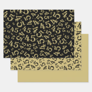 Feuille De Papier Cadeau 45e anniversaire Motif du numéro de hasard noir/or