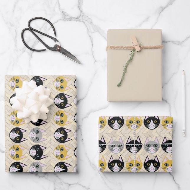 Feuille De Papier Cadeau 4 Chats, Herringbone Beige (Recto)