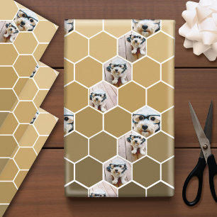 Feuille De Papier Cadeau 4 Photo Collage - Hexagone motif d'or Wrapp