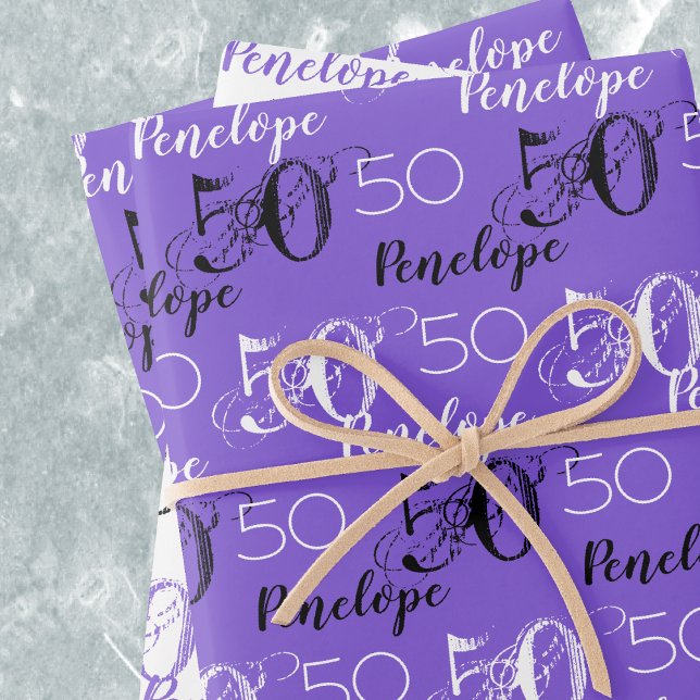 Feuille De Papier Cadeau 50 ans Violet 50e anniversaire Ajouter des noms (in-situ depiction of wrapping paper set)