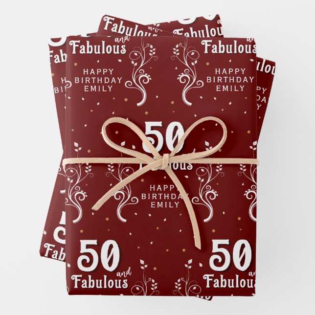 Feuille De Papier Cadeau 50 et Fabulous Foliage Rouge 50e anniversaire (En situation)