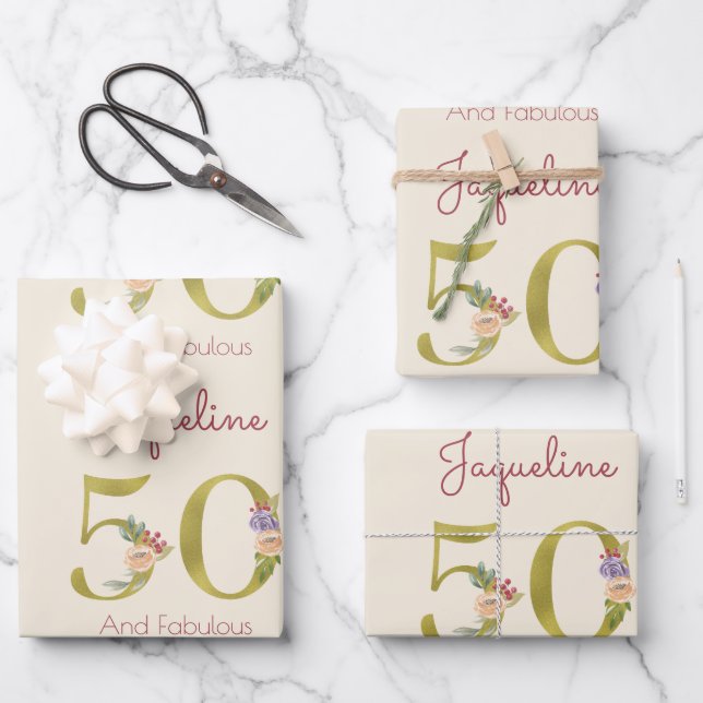 Feuille De Papier Cadeau 50e anniversaire Floral Gold Elegant Chic Feminine (Recto)