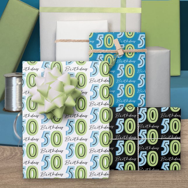 Feuille De Papier Cadeau 50e Anniversaire Numéros Bleu Vert (Créateur téléchargé)