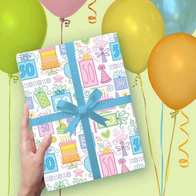 Feuille De Papier Cadeau 50e anniversaire Pastel Pink Cake présente des bal (Créateur téléchargé)