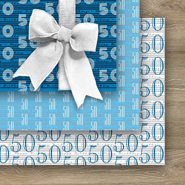 Feuille De Papier Cadeau 50e chiffres de typographie bleu noir blanc (Créateur téléchargé)