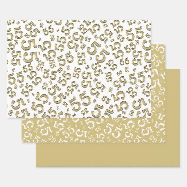 Feuille De Papier Cadeau 55e anniversaire Gold/White Random Number Motif 55 (Lot)