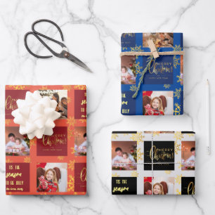 Feuille De Papier Cadeau 5 Photo Rouge Bleu Noir Joyeux Noël.