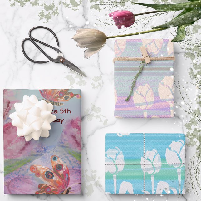 Feuille De Papier Cadeau 5e anniversaire fille Tulip (5th birthday Girl Tulip Wrapping Paper Sheets)