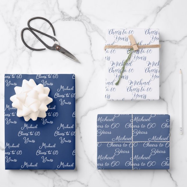 Feuille De Papier Cadeau 60 ans bleu marine 60e anniversaire (Recto)