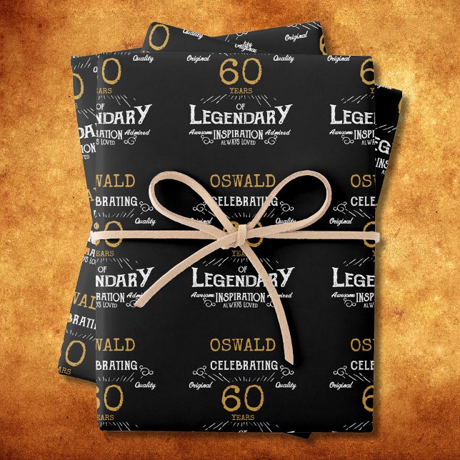 Feuille De Papier Cadeau 60e anniversaire Black Gold Legendary Retro (60th Birthday Black Gold Legendary Retro Wrapping Paper Sheets)