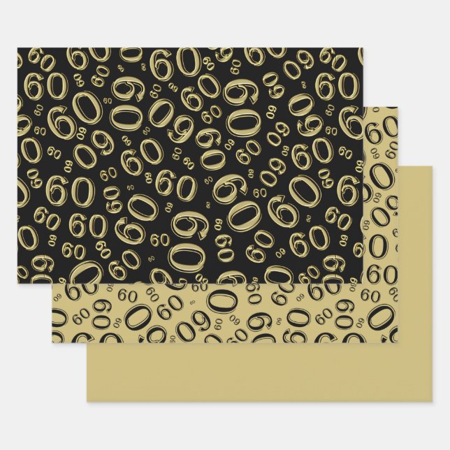 Feuille De Papier Cadeau 60e anniversaire Motif du numéro noir et or 60 (Lot)