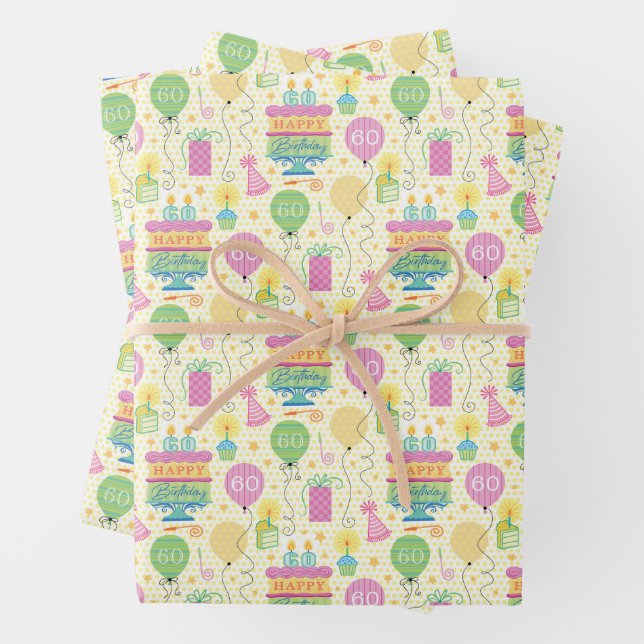 Feuille De Papier Cadeau 60e Anniversaire Nombre Bougies Cake Balloon (En situation)