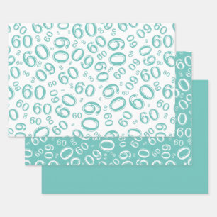 Feuille De Papier Cadeau 60e anniversaire Turquoise & blanc Numéro Motif 60