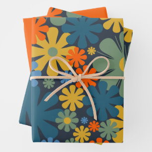 Feuille De Papier Cadeau 60s rétro les années 70 motif floral bleu orange