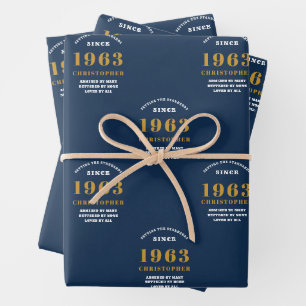 Feuille De Papier Cadeau 60th Birthday 1963 Blue Gold Ajouter un nom
