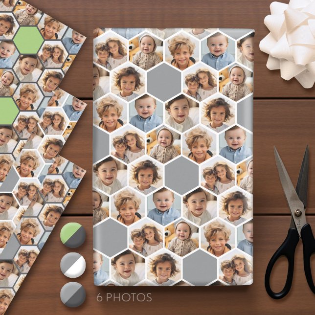 Feuille De Papier Cadeau 6 Photo Collage - motif de nid d'abeilles hexagone (Custom Photo Wrapping Paper - Add a Photo Collage)