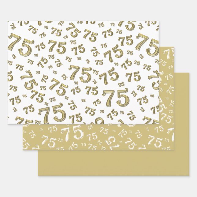 Feuille De Papier Cadeau 75e anniversaire Gold & White Number Motif 75 (Lot)