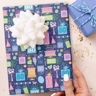 Feuille De Papier Cadeau 80e anniversaire gâteau présente Ballons Bleu