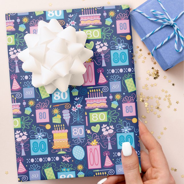 Feuille De Papier Cadeau 80e anniversaire gâteau présente Ballons Bleu (Créateur téléchargé)