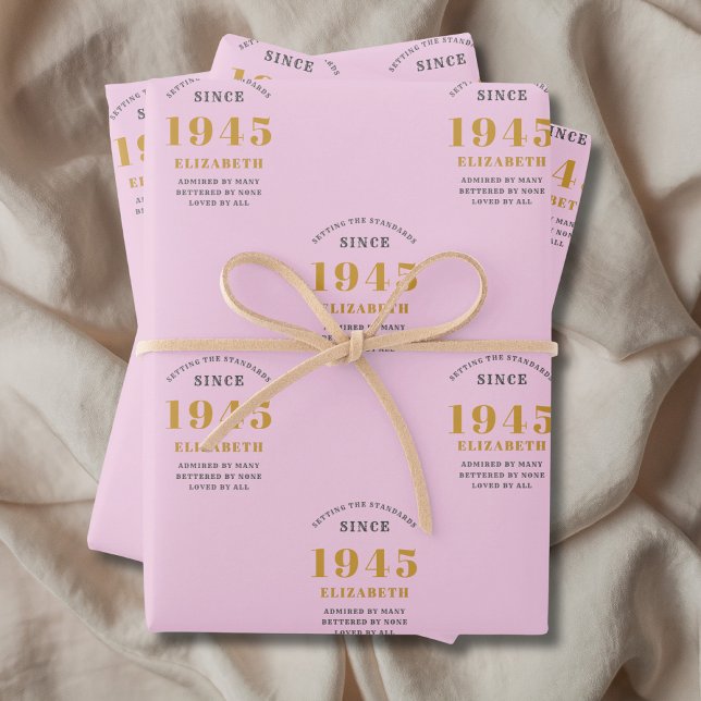 Feuille De Papier Cadeau 80th Birthday 1945 Ajouter Nom Rose Grey (80th birthday personalized pink and gold wrapping paper.)