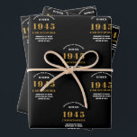 Feuille De Papier Cadeau 80th Birthday born 1945 Ajouter Nom Black Gold<br><div class="desc">Un design personnalisé de papier d'emballage pour cette fête d'anniversaire pour une personne spéciale. Ajoutez le nom à ce design vintage de style rétro noir et or pour un cadeau d'anniversaire personnalisé. Modifiez facilement le nom et l'année avec le modèle fourni. Un merveilleux cadeau d'anniversaire personnalisé. Plus de cadeaux et...</div>
