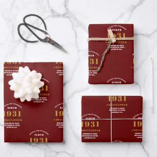 Feuille De Papier Cadeau 90e Anniversaire 1931 Rouge Or pour lui Personnali