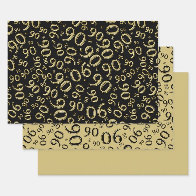 Feuille De Papier Cadeau 90e anniversaire Black & Gold Random Number Motif (Lot)