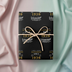 Feuille De Papier Cadeau 90e anniversaire Né en 1936 Légende Vintage Noir