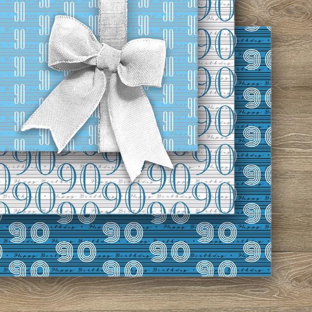Feuille De Papier Cadeau 90e anniversaire Noir blanc chiffres de typographi (Créateur téléchargé)