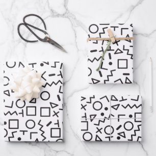 Feuille De Papier Cadeau 90's Noir & Blanc Retro Shapes Motif