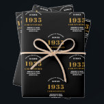 Feuille De Papier Cadeau 90th Birthday born 1935 Ajouter Nom Black Gold<br><div class="desc">Un design personnalisé de papier d'emballage pour cette fête d'anniversaire pour une personne spéciale. Ajoutez le nom à ce design vintage de style rétro noir et or pour un cadeau d'anniversaire personnalisé. Modifiez facilement le nom et l'année avec le modèle fourni. Un merveilleux cadeau d'anniversaire personnalisé. Plus de cadeaux et...</div>