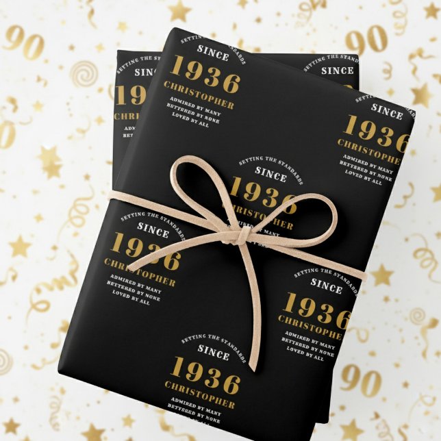 Feuille De Papier Cadeau 90th Birthday born 1936 Add Name Black Gold (1936 wrapping paper. White and gold background.)